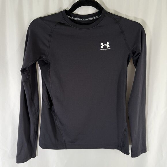 Under Armour Fitted Shirt Boys Large Solid Black Long Sleeve Crew Neck Heatgear - Picture 1 of 11